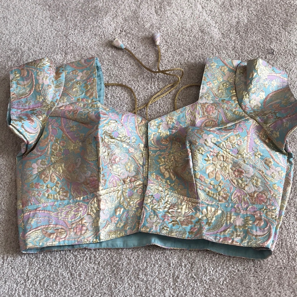 Pastel Brocade Saree blouse Crop Top with Gold Threading